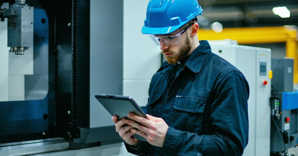 Process engineer on factory floor using industrial tablet with AI interface