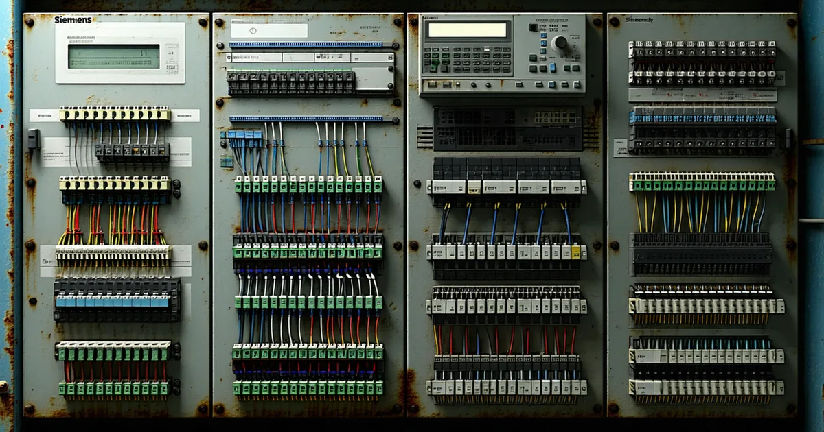 Legacy PLC rack from the 1990s in a manufacturing plant showing industrial control hardware