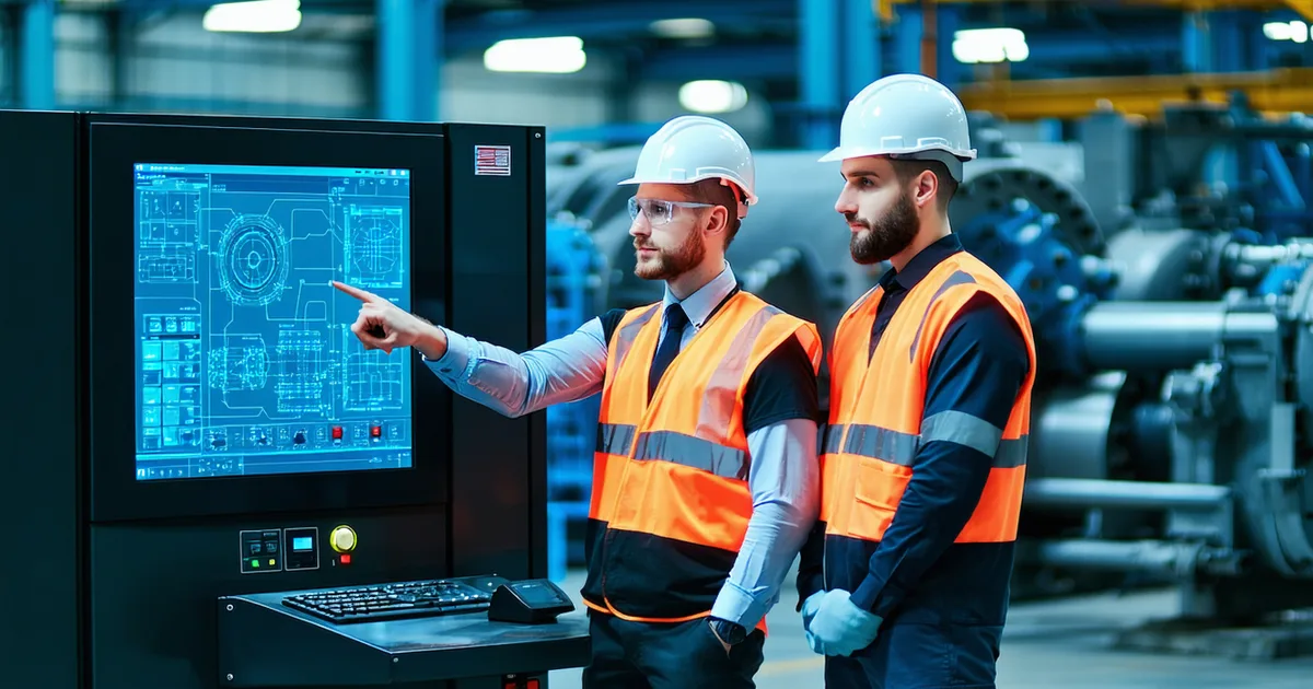 Factory floor shift change with operators transferring knowledge at workstation