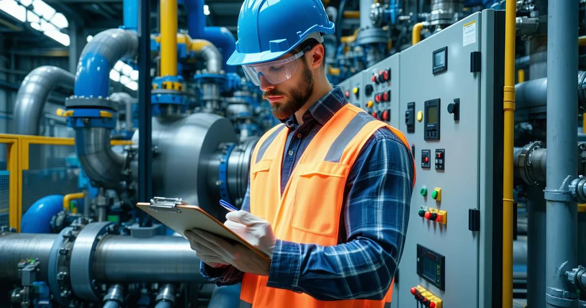 Maintenance technician completing work order documentation at manufacturing station
