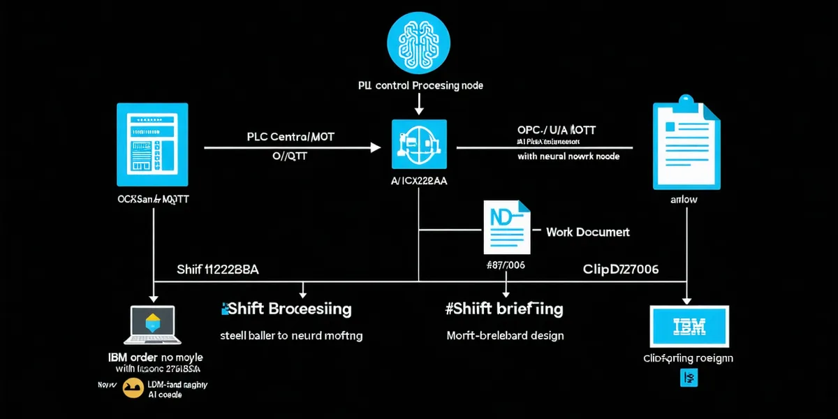 Intuigence AI platform architecture: PLC telemetry ingestion through AI engine to work order and shift briefing outputs