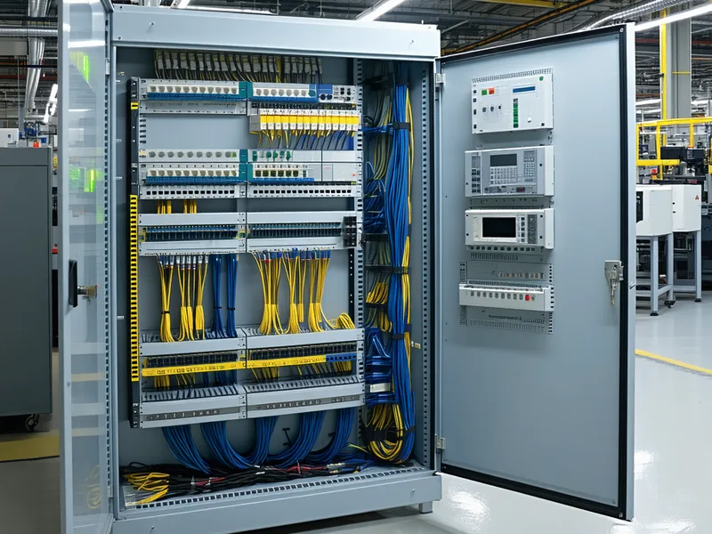 Industrial PLC control cabinet with OPC-UA network connections in a Tier-1 manufacturing plant