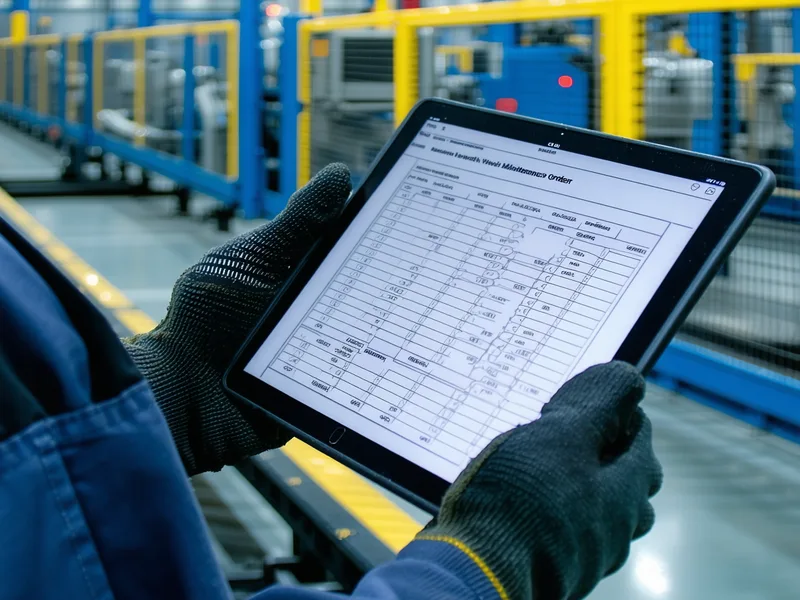 Maintenance technician reviewing a work order on a ruggedized tablet at a manufacturing station