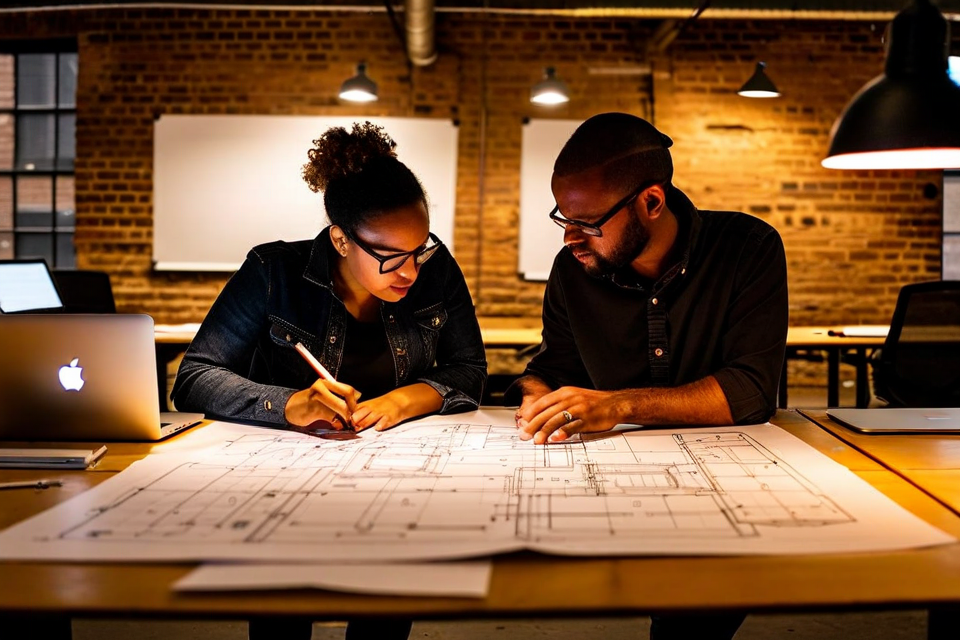 Co-founders reviewing engineering schematics
